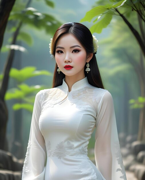 Portrait of a beautiful Vietnamese bride Abstract leaves background