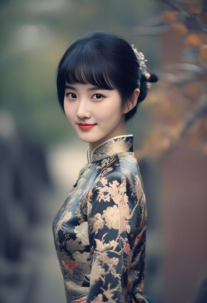 Portrait of a beautiful Vietnamese girl in traditional costume