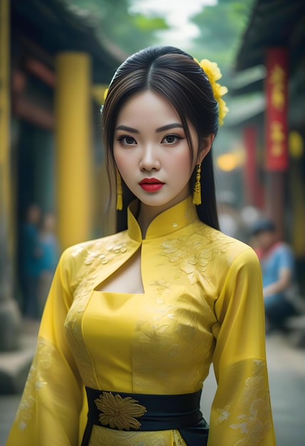 Portrait of a beautiful Vietnamese girl in a yellow dress