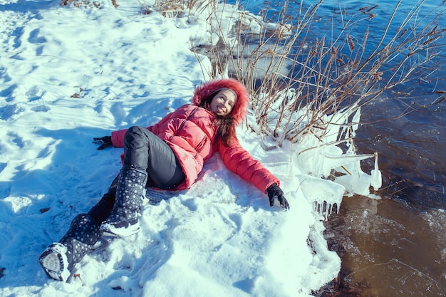 Portrait of beautiful winter girl happy smiling enjoy winter holiday