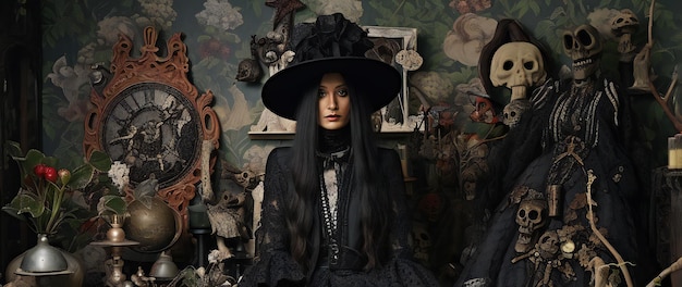 Portrait of a beautiful witch in her castle Halloween theme