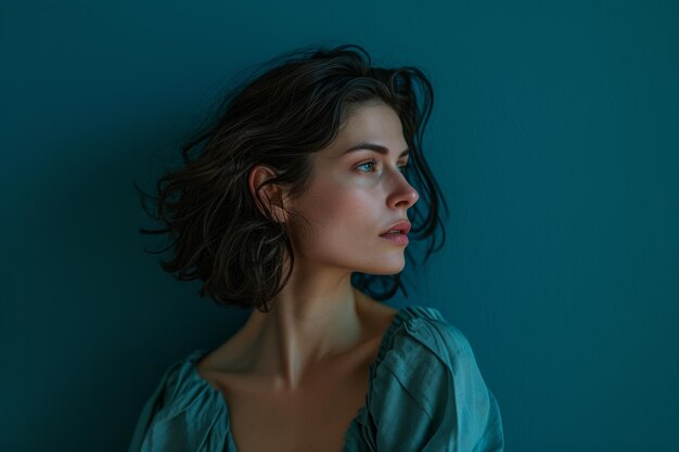 Portrait of a beautiful woman against a blue wall