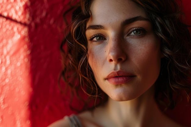 Photo portrait of a beautiful woman against a red wall