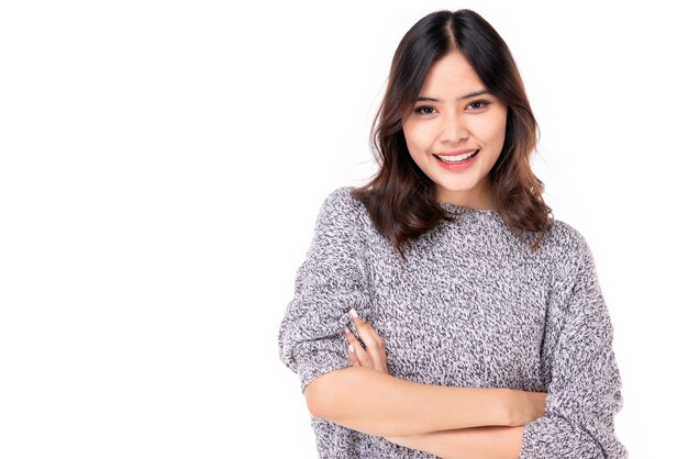 Portrait of a beautiful woman Asian teenagers With a confident, happy face, a confident, beautiful woman on a white background.