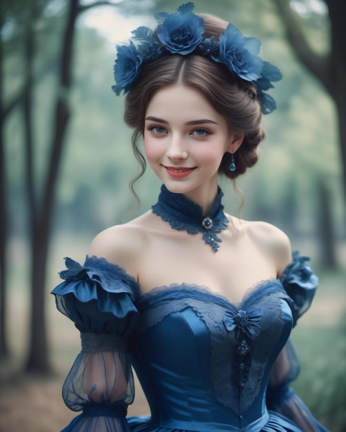 Portrait of a beautiful woman in a blue dress in the park