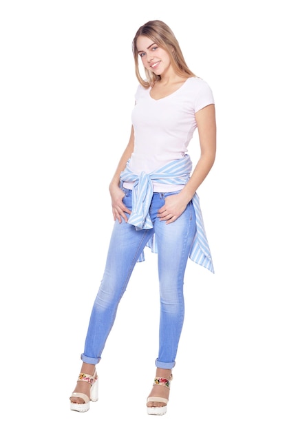 Portrait of beautiful woman in blue jeans posing isolate on white