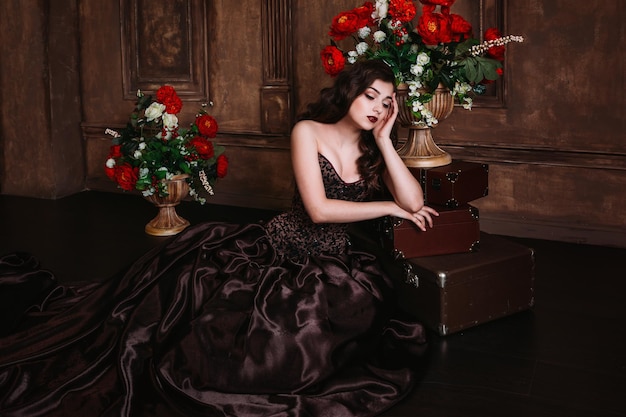 Portrait of  beautiful woman in brown dress