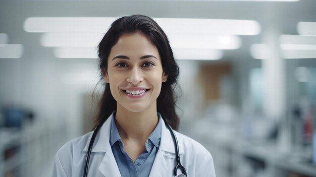 Portrait of beautiful woman doctor looking at camera at blurred hospital background