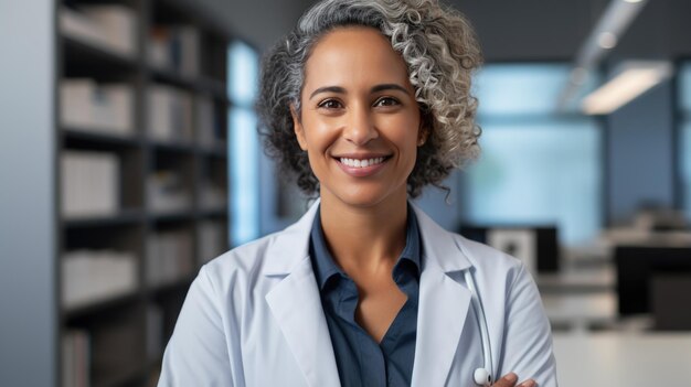 Portrait of beautiful woman doctor looking at camera at blurred hospital background