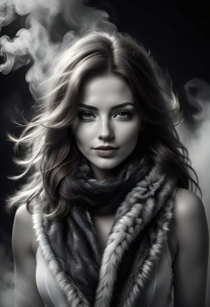 Photo portrait of a beautiful woman in a fur coat and scarf