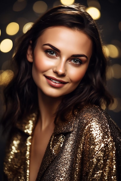 Portrait of a beautiful woman in a gold sequined dress