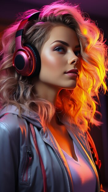 Portrait of a Beautiful Woman in Headphones Listening to Music and Enjoying a Good Mood in Neon Ligh