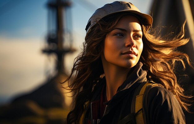 Portrait of beautiful woman hiker in cap and raincoat