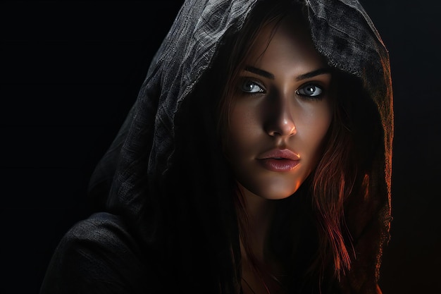 Photo portrait of a beautiful woman in a hood over black background