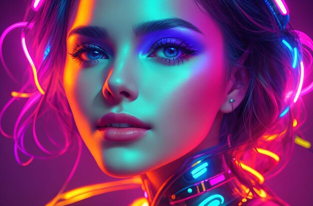 Portrait of beautiful woman lit by neon colored lights