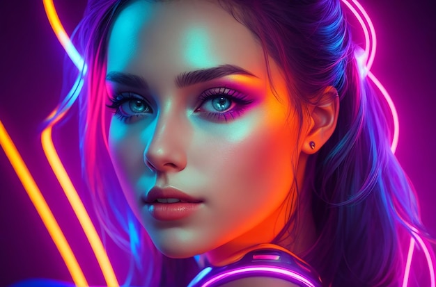 Portrait of beautiful woman lit by neon colored lights