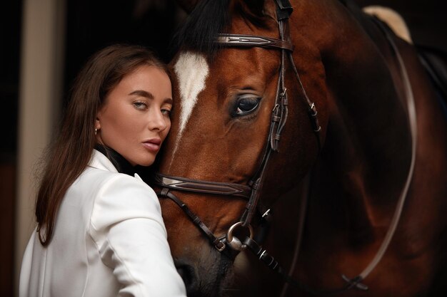 Portrait beautiful woman long hair next horse