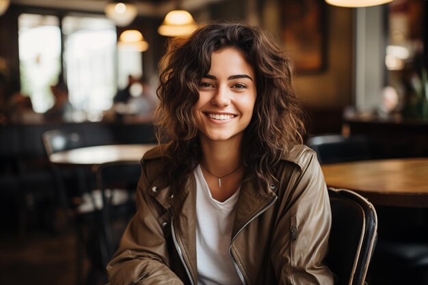 Photo portrait of beautiful woman looking at camera while sitting in coffee shop lifestyle concept