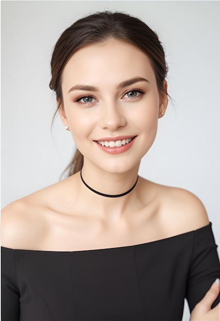 Portrait of beautiful woman looking and smiling in black dress ai generative