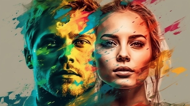 Portrait of a beautiful woman and man with colorful paint splashesgenerative ai