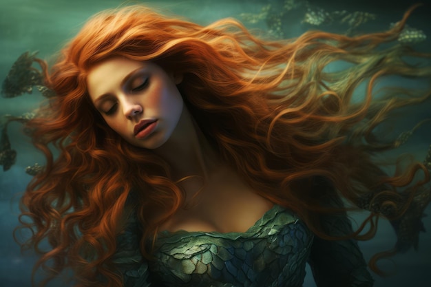 Photo portrait of beautiful woman mermaid with floating ginger hair swimming underwater fairy tale concept