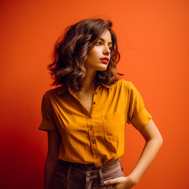 Photo portrait of beautiful woman in orange shirt against orange background