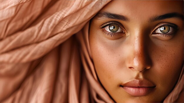 A portrait of a beautiful woman in a pink hijab