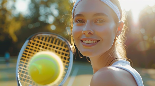 Photo portrait of beautiful woman playing tennis on tennis court generative ai image