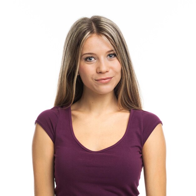 Portrait of a beautiful woman smiling and confident on white