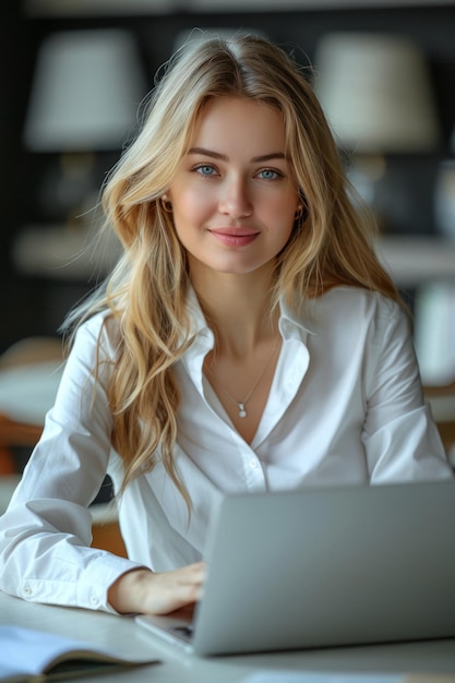 Portrait of beautiful woman smiling while working with laptop in office Businesswoman concept