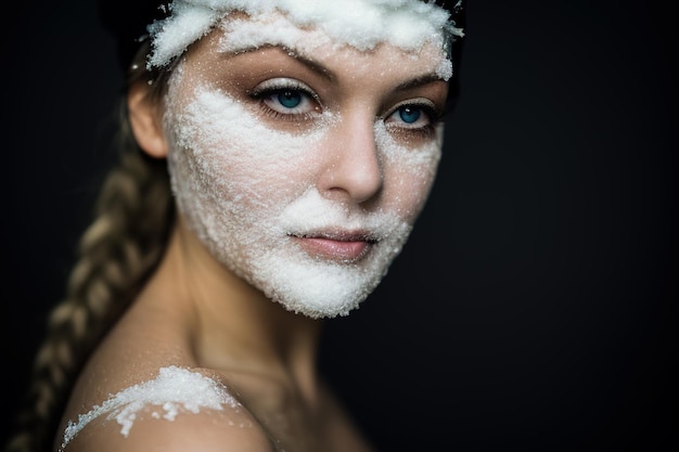 Portrait of a beautiful woman and snow on her face Winter makeup like a snow queen