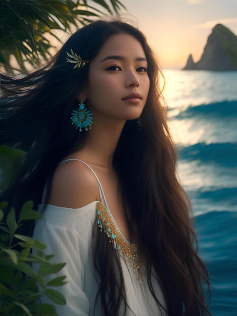 Портрет красивой женщины, стоящей на фоне моря в серьгах с длинными черными волосами