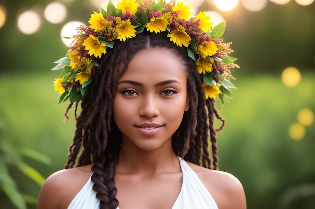 Portrait of a beautiful woman in summer clothes with a flower wreath on her head Generative AI