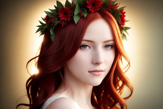 Portrait of a beautiful woman in summer clothes with a flower wreath on her head Generative AI