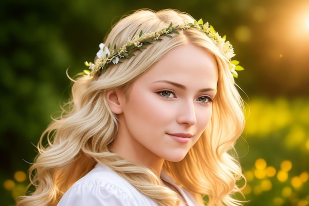 Portrait of a beautiful woman in summer clothes with a flower wreath on her head Generative AI