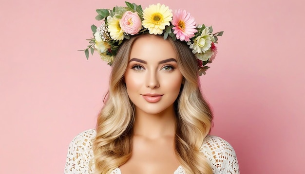 Портрет красивой женщины в летней одежде с цветочным венком на голове