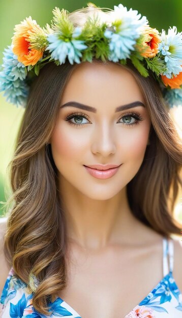 Portrait of a beautiful woman in summer clothes with a flower wreath on her head