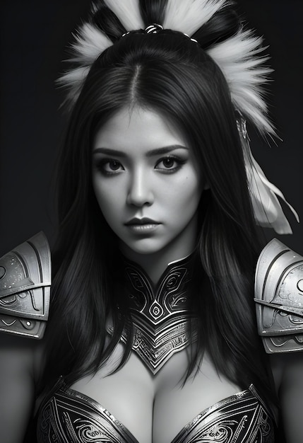 装甲を着た美しい女性戦士の肖像画 黒と白の写真