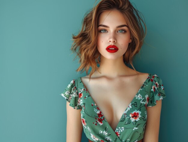 Photo portrait of a beautiful woman wearing a floral dress