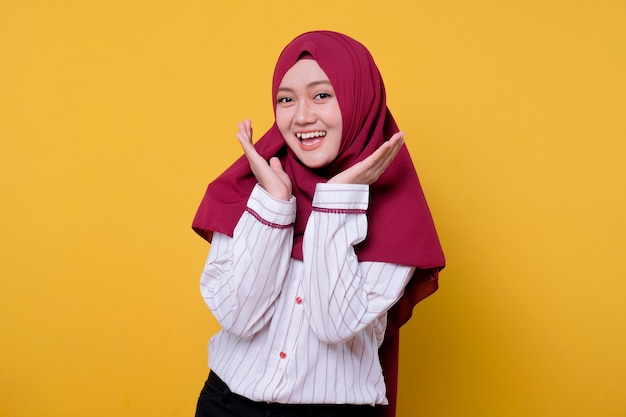 Portrait of beautiful woman wearing hijab gazes smile and fun expression