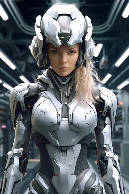 Portrait of a beautiful woman wearing white futuristic combat suit