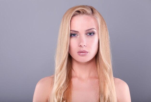 Portrait of beautiful woman on white background