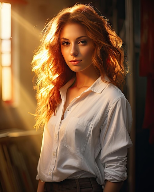 Portrait of beautiful woman in white shirt in the style of golden light with smile face