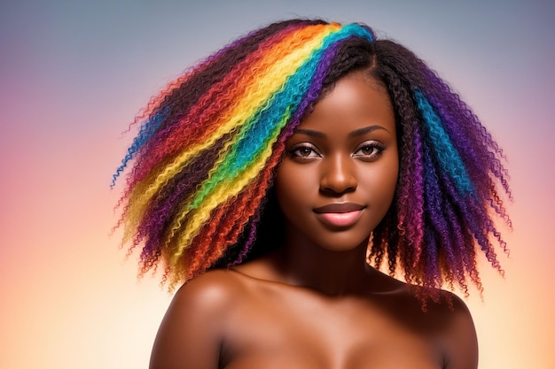 여러 가지 색의 가닥으로 염색한 머리와 벌거벗은 어깨를 가진 아름다운 여성의 초상화 Generative AI