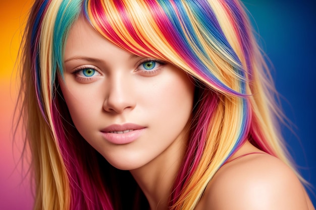 Photo portrait of a beautiful woman with bare shoulders and hair dyed with multicolored strands generative ai