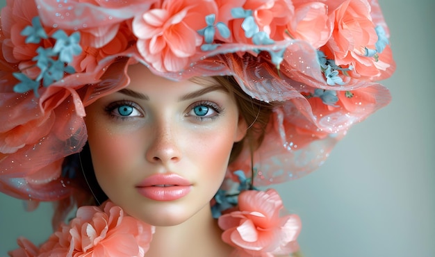 Portrait of a beautiful woman with big futuristic floral hat