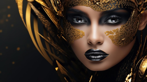 Portrait of a beautiful woman with black and gold makeup