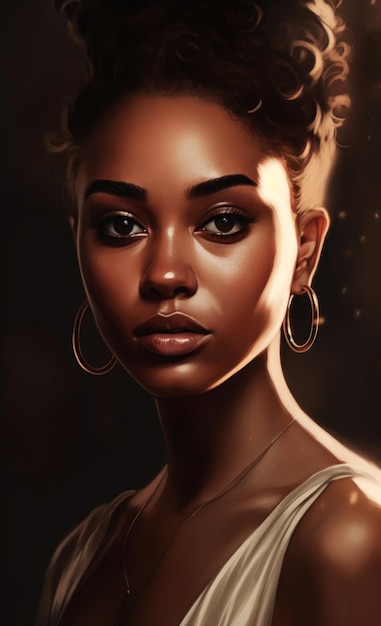 A portrait of a beautiful woman with a black skin and a gold hooped eye