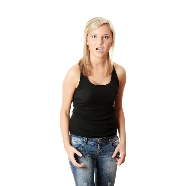 Photo portrait of beautiful woman with blond hair standing over white background