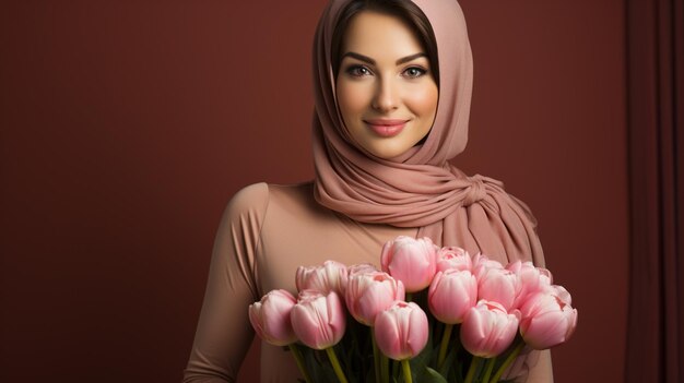 Portrait of beautiful woman with bouquet of tulips